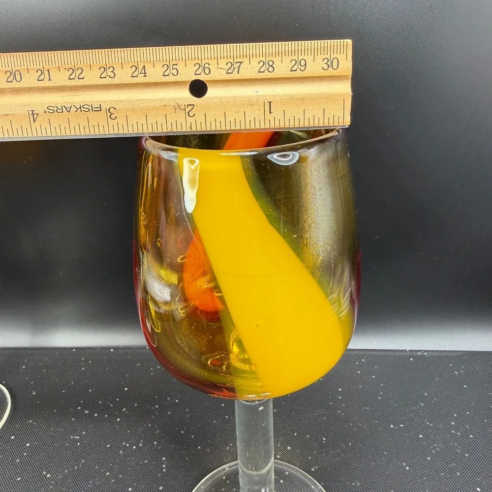 Pier 1 Hand Blown Art Glass Cups Glasses Set of 2 Amber Red Yellow Swirl Stripe